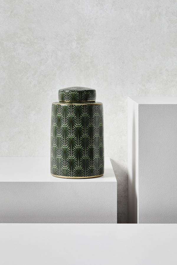elegant urn tall rounded green and gold pattern urn