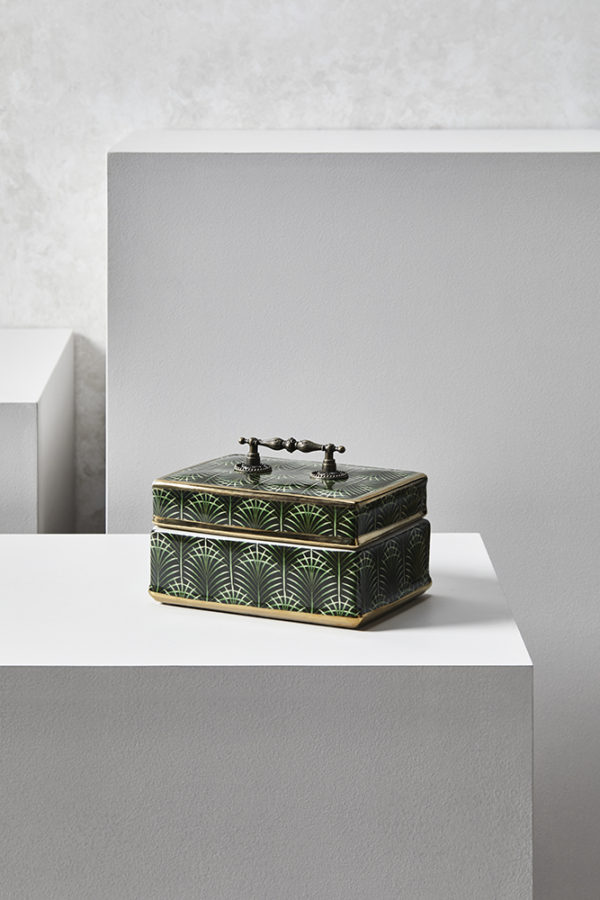 elegant urns square lidded green and gold trinket box